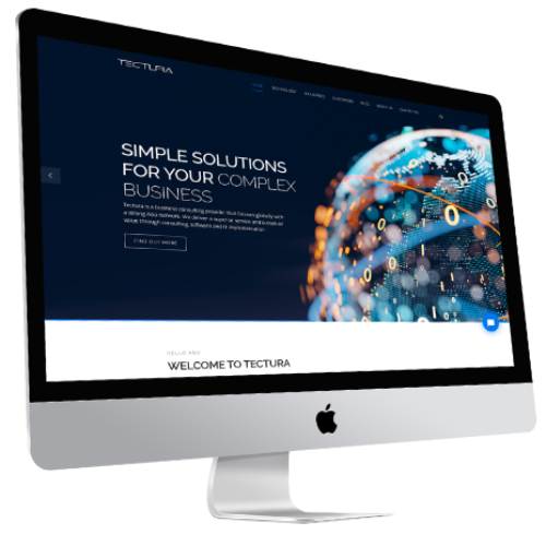 Computer monitor showing a banner of Tectura's business solutions